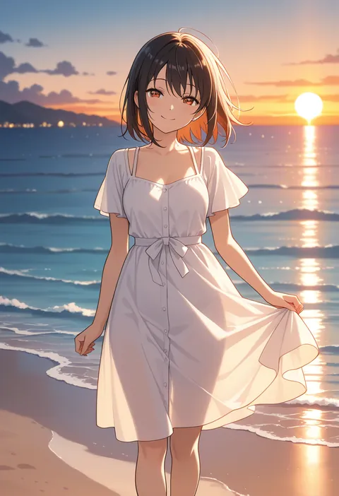夕暮れの海辺で白いワンピースの女の子が微笑んでいる、アニメ風