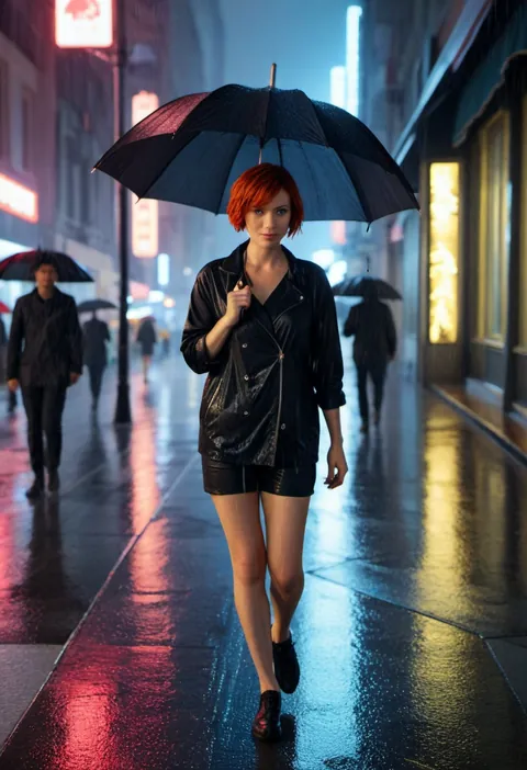 雨の夜の繁華街を傘をさして歩く赤髪ショートの女性、ネオンが濡れた路面に反射している、実写風
