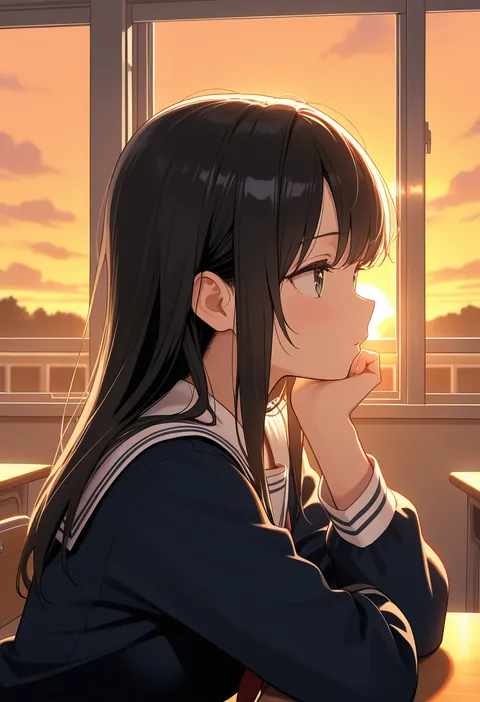放課後の教室で窓の外を眺める黒髪ロングの女子高生、夕日が差し込んでいる