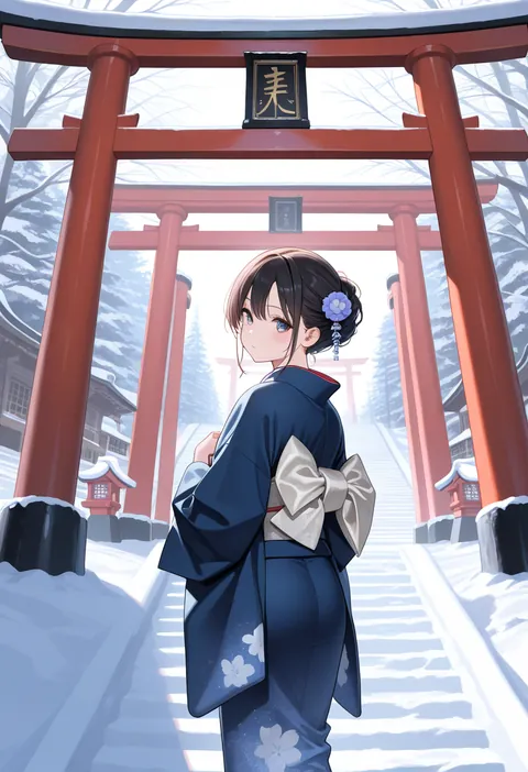 雪の積もった神社の境内で、着物姿の女性がこちらを振り返っている(タグを足して直した)