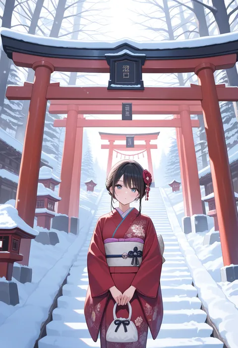 雪の積もった神社の境内で、着物姿の女性がこちらを振り返っている