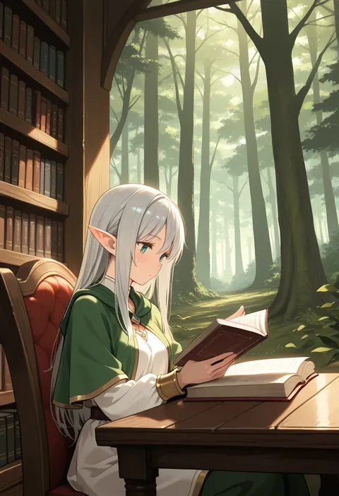 森の奥の古い図書館で本を読む銀髪のエルフ、ファンタジー