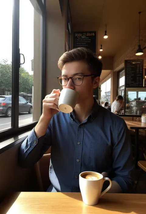 カフェの窓際でコーヒーを飲む眼鏡の男性、やわらかい朝の光、実写風