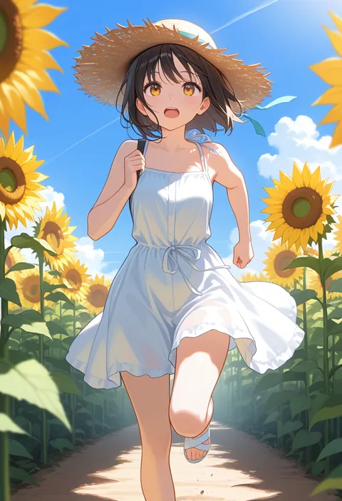 満開のひまわり畑を麦わら帽子の少女が走っている、夏の青空