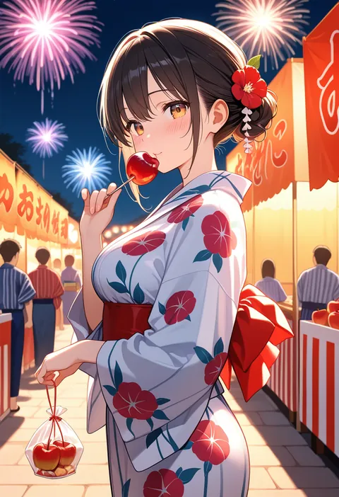 夏祭りの夜、浴衣を着てりんご飴を持つ女の子、後ろで花火が上がっている