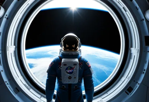 宇宙ステーションの窓から青い地球を見下ろす宇宙飛行士、SF映画風(タグを足して直した)