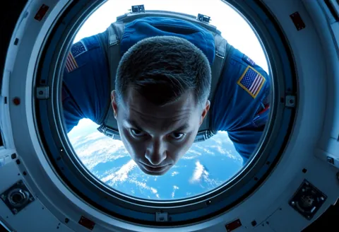宇宙ステーションの窓から青い地球を見下ろす宇宙飛行士、SF映画風