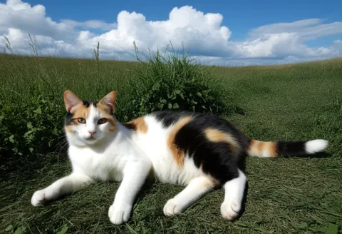 草原で寝転ぶ三毛猫、青空と白い雲、写真